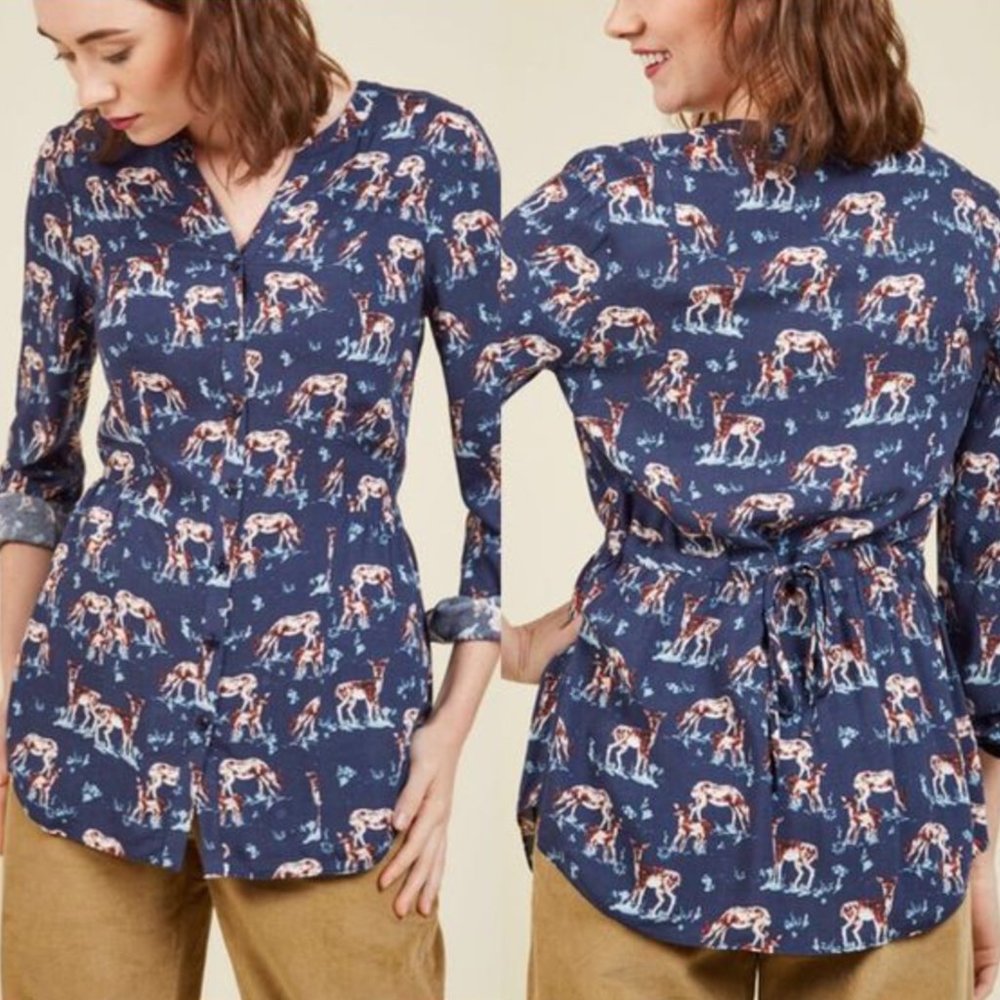 Modcloth Trusty Travel Deer Print Button Up Top
